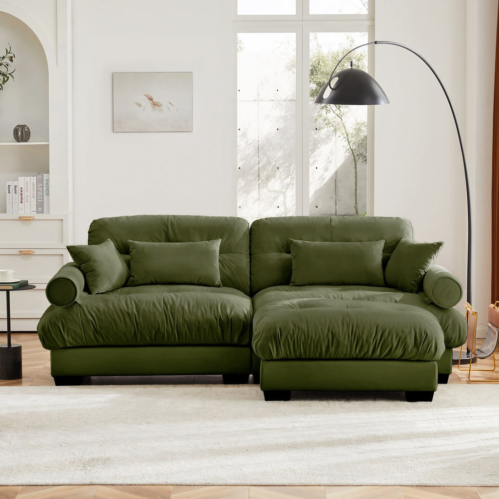 Over Size Modern Two-seater Sofa with Ottoman, Velvet 2-Seater with Round Bolster Armrests