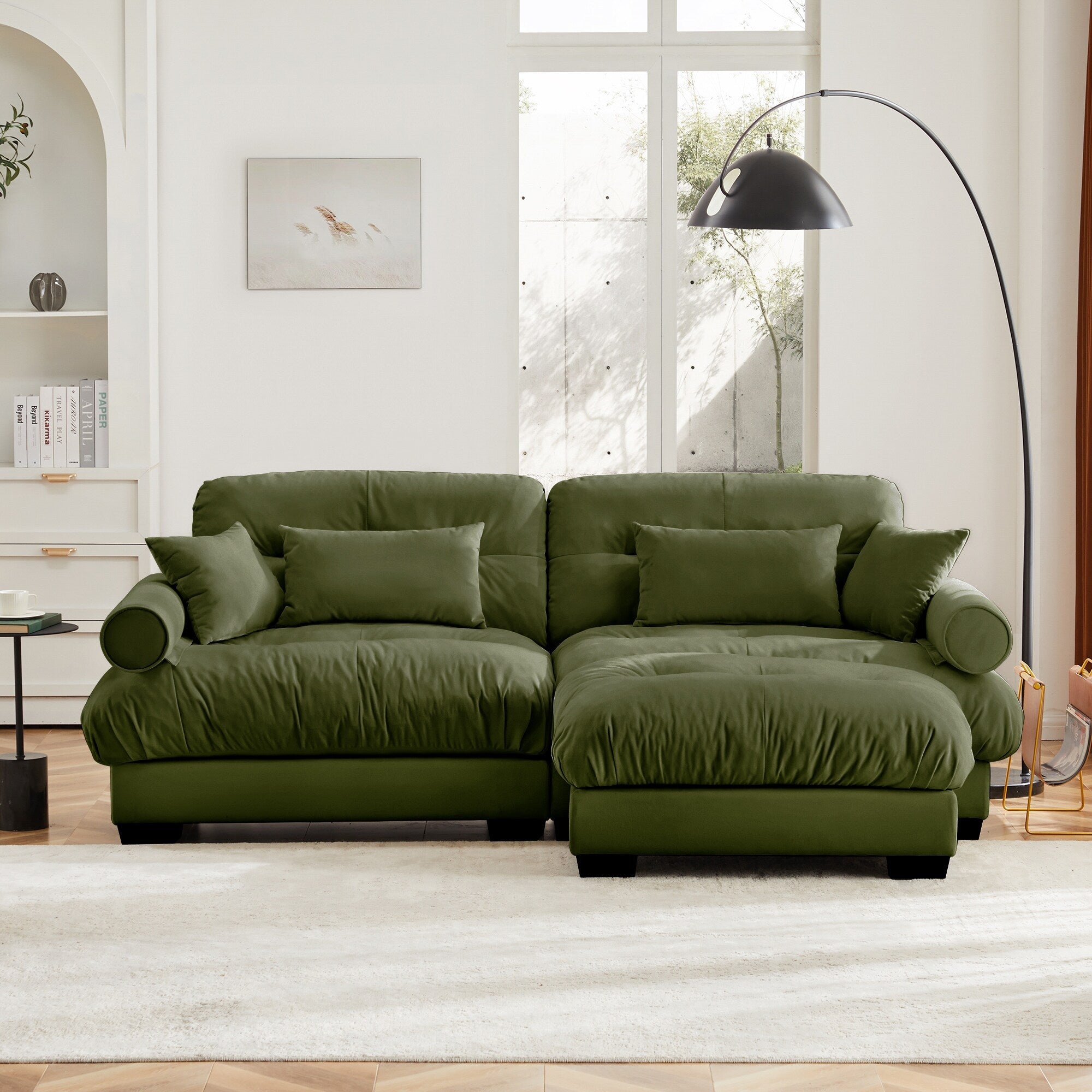 Over Size Modern Two-seater Sofa with Ottoman, Velvet 2-Seater with Round Bolster Armrests