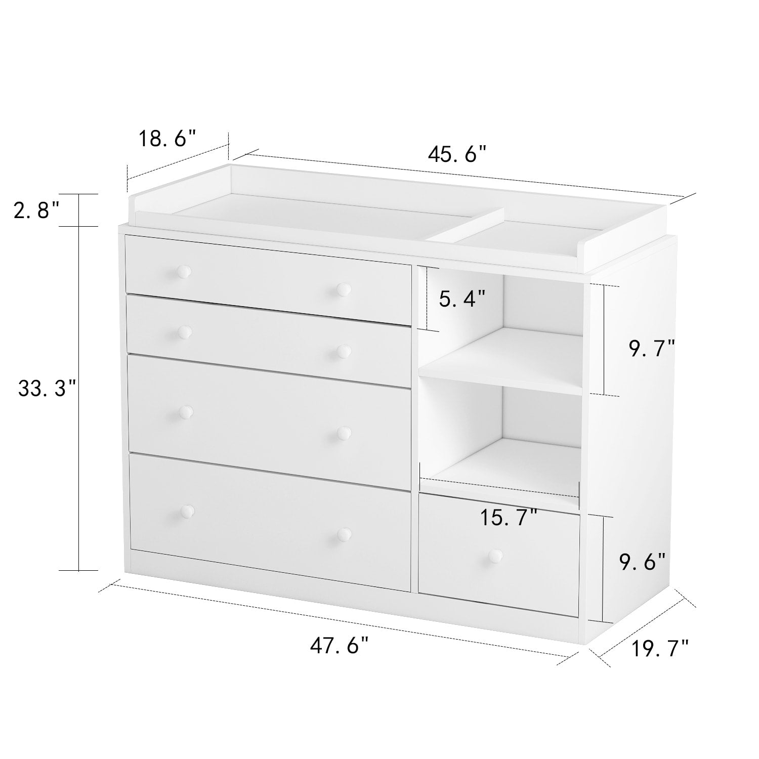 Premium White 5-Drawer Dresser with Baby Changing Table by Kerrogee - 47.2L