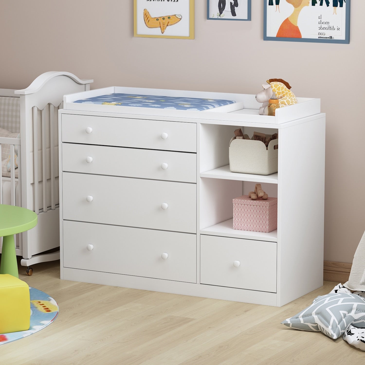 Premium White 5-Drawer Dresser with Baby Changing Table by Kerrogee - 47.2L