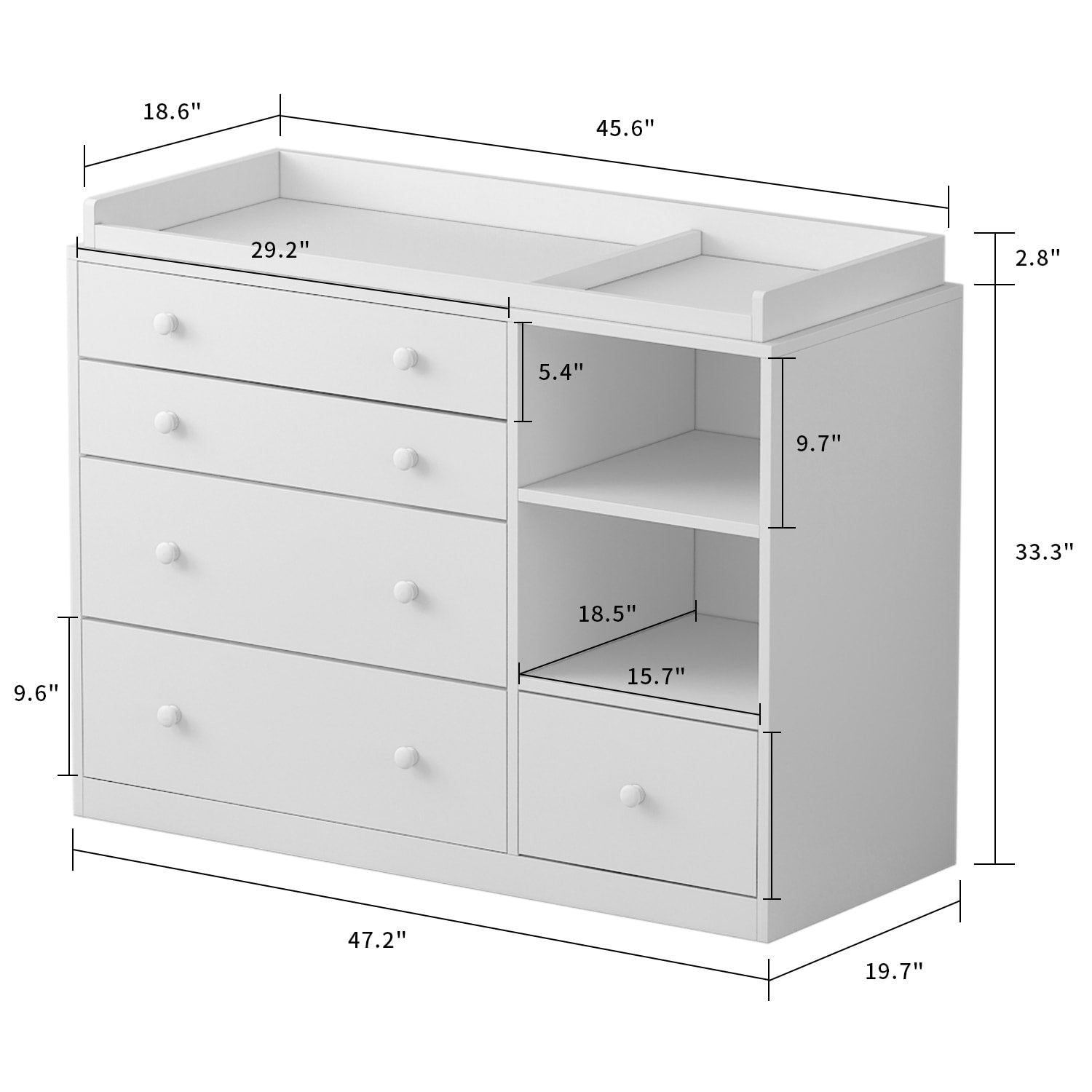 Premium White 5-Drawer Dresser with Baby Changing Table by Kerrogee - 47.2L