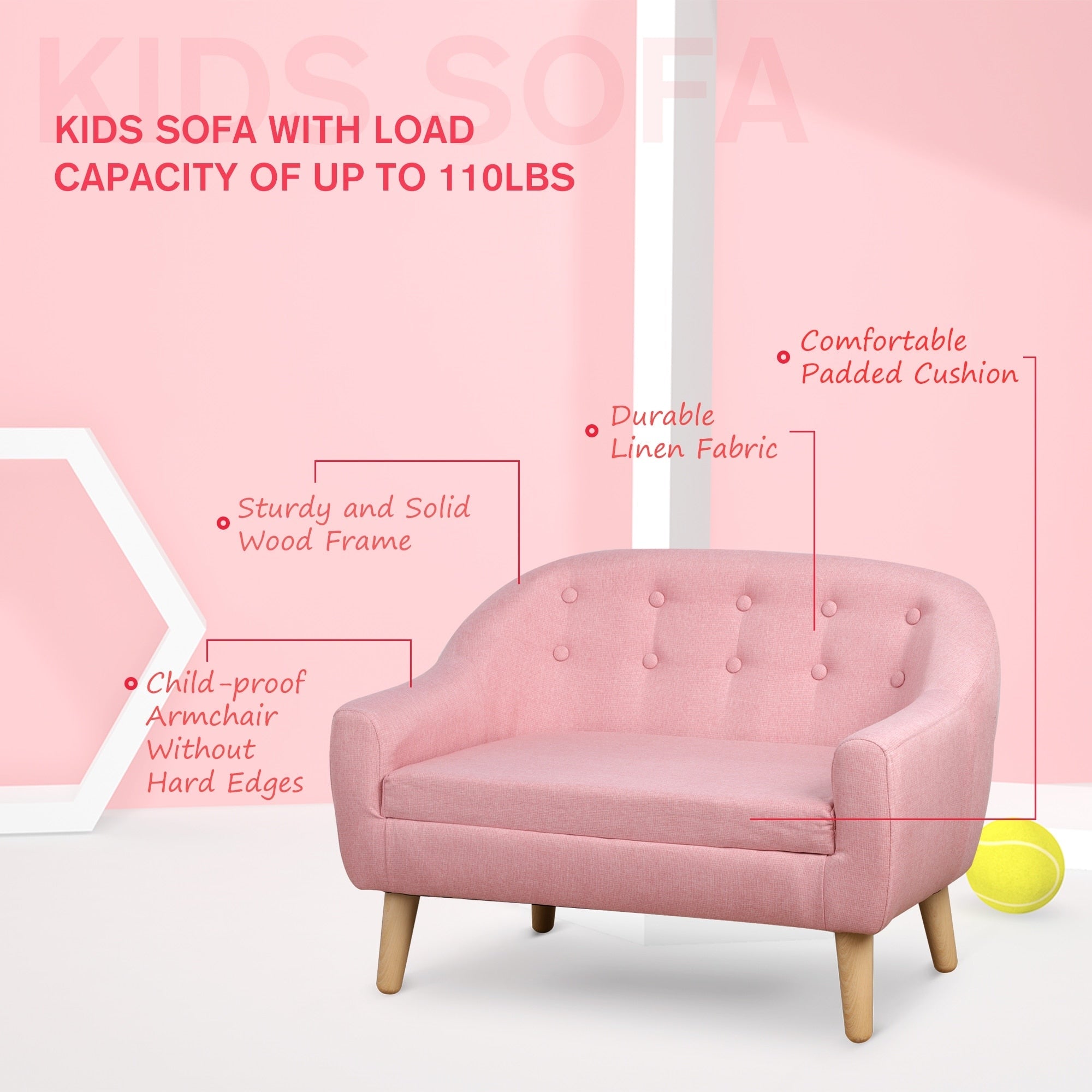 Qaba Kids Sofa Linen Fabric Wooden 2 Seat Armrest Children Chair Cozy