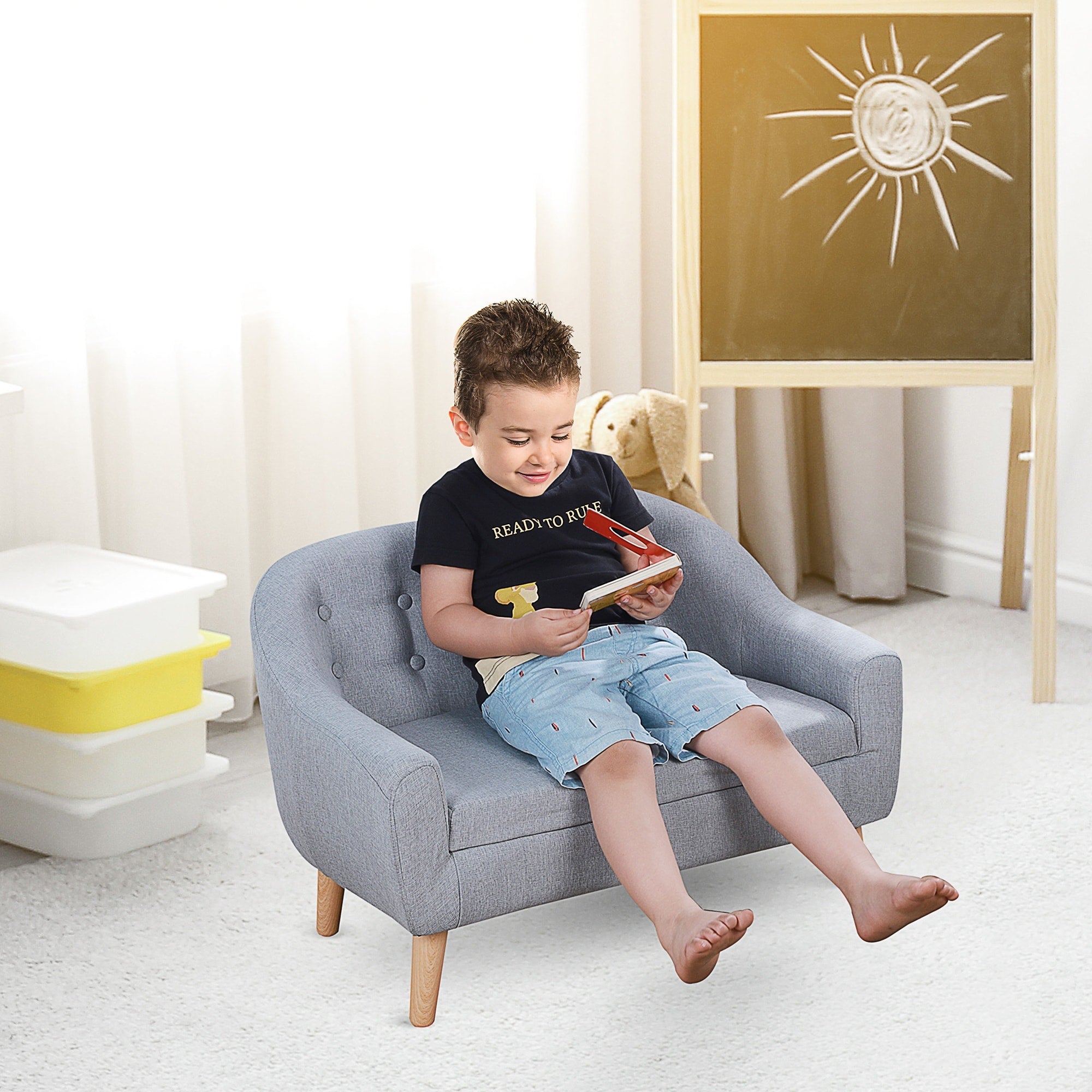 Qaba Kids Sofa Linen Fabric Wooden 2 Seat Armrest Children Chair Cozy