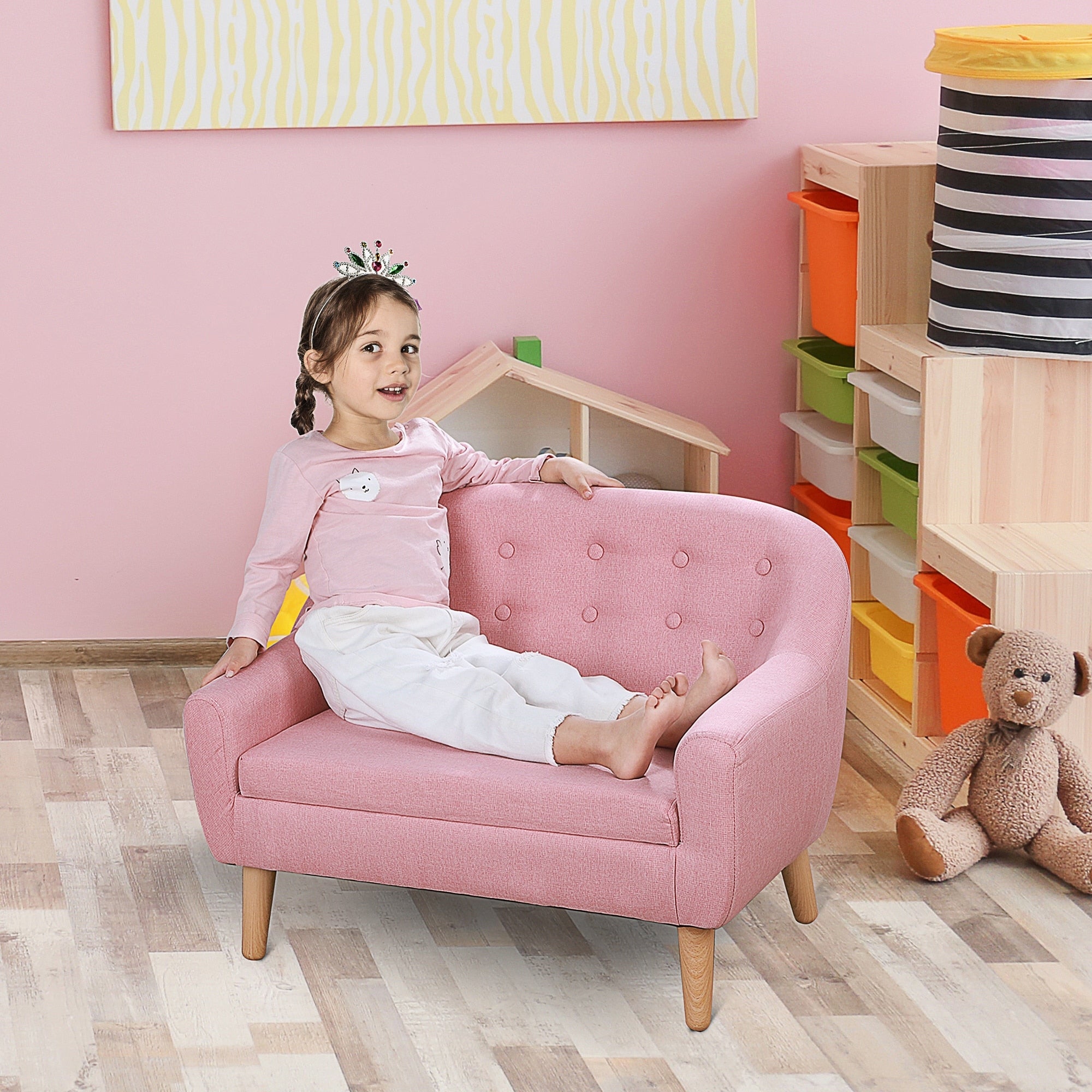 Qaba Kids Sofa Linen Fabric Wooden 2 Seat Armrest Children Chair Cozy