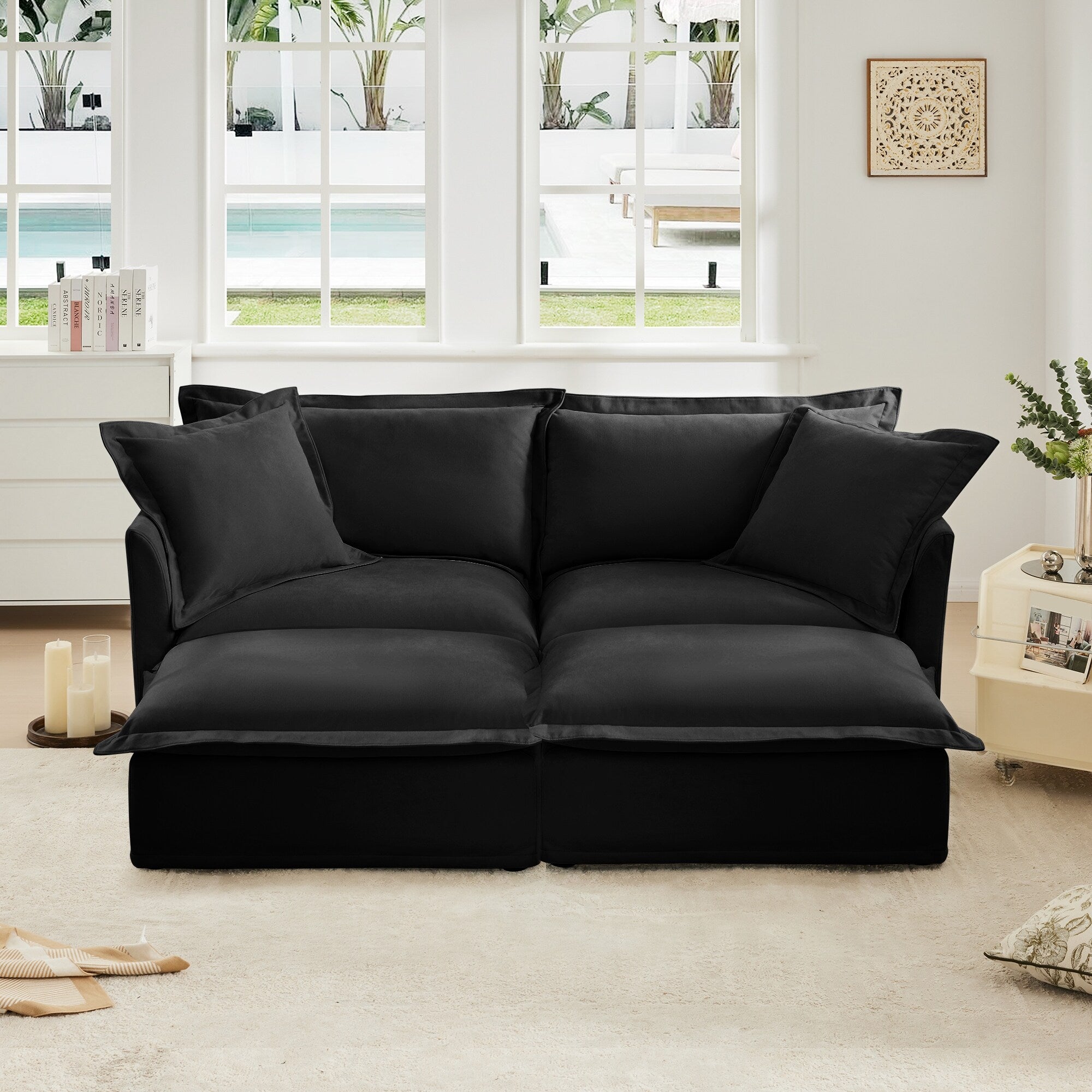 Slipcovered Sofa 2 Seater Sofa With 2 Ottomans, 2 Seater Sleeper Sofa Bed Home Theater Oversized Sofa