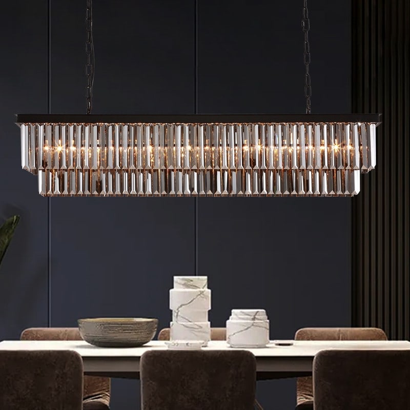 47 in. Smoked Gray and Black Modern Contemporary Crystal Chandelier 2-Tier Linear Kitchen Island Pendant Light for Dining Room