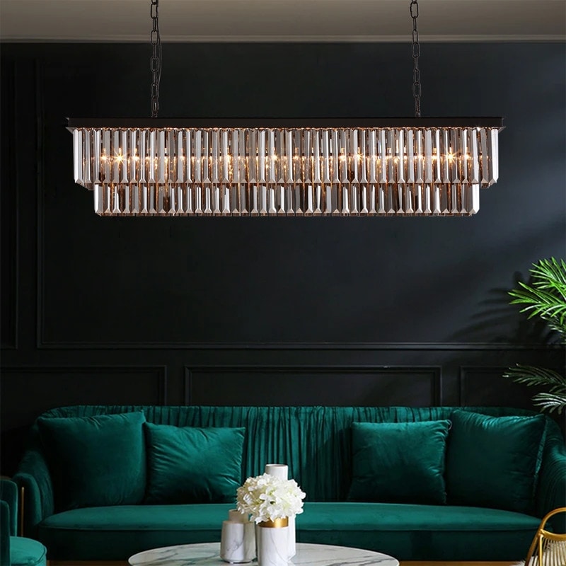 47 in. Smoked Gray and Black Modern Contemporary Crystal Chandelier 2-Tier Linear Kitchen Island Pendant Light for Dining Room