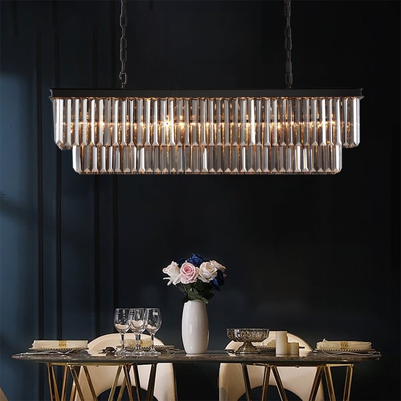 47 in. Smoked Gray and Black Modern Contemporary Crystal Chandelier 2-Tier Linear Kitchen Island Pendant Light for Dining Room
