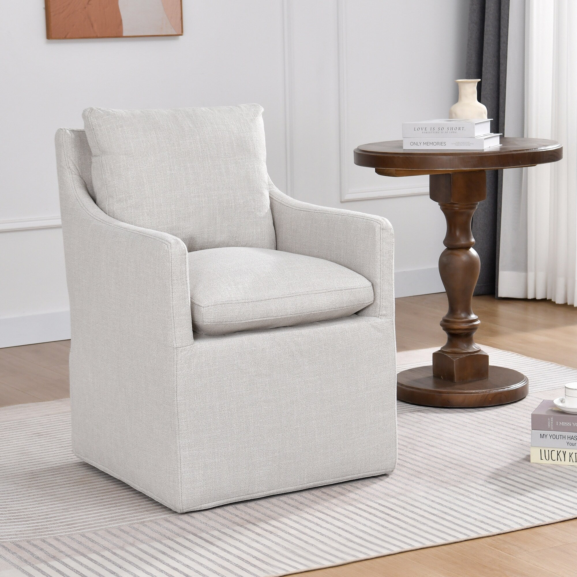 Upholstered Swiveling Rolling Linen Dining Chair