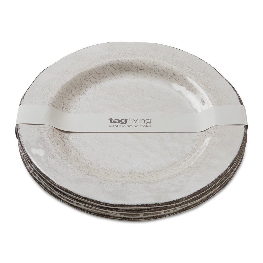 10.75 in. Veranda Cracked Glazed Solid Melamine Plastic Dinnerware Plates Set of 4 Dishwasher Safe Indoor Outdoor Ivory