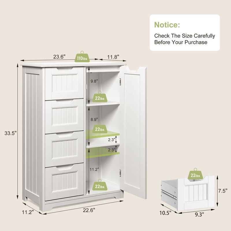 Bathroom Floor Storage Cabinet, Free-Standing Floor Storage Cabinet with 4 Draws and Adjustable Shelf