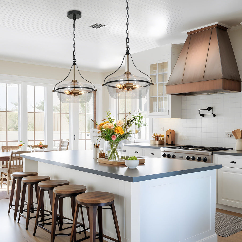 Zelena Modern Farmhouse Black Gold Chandelier 3-Light Glass Pendant Light for Kitchen Island Dining Room