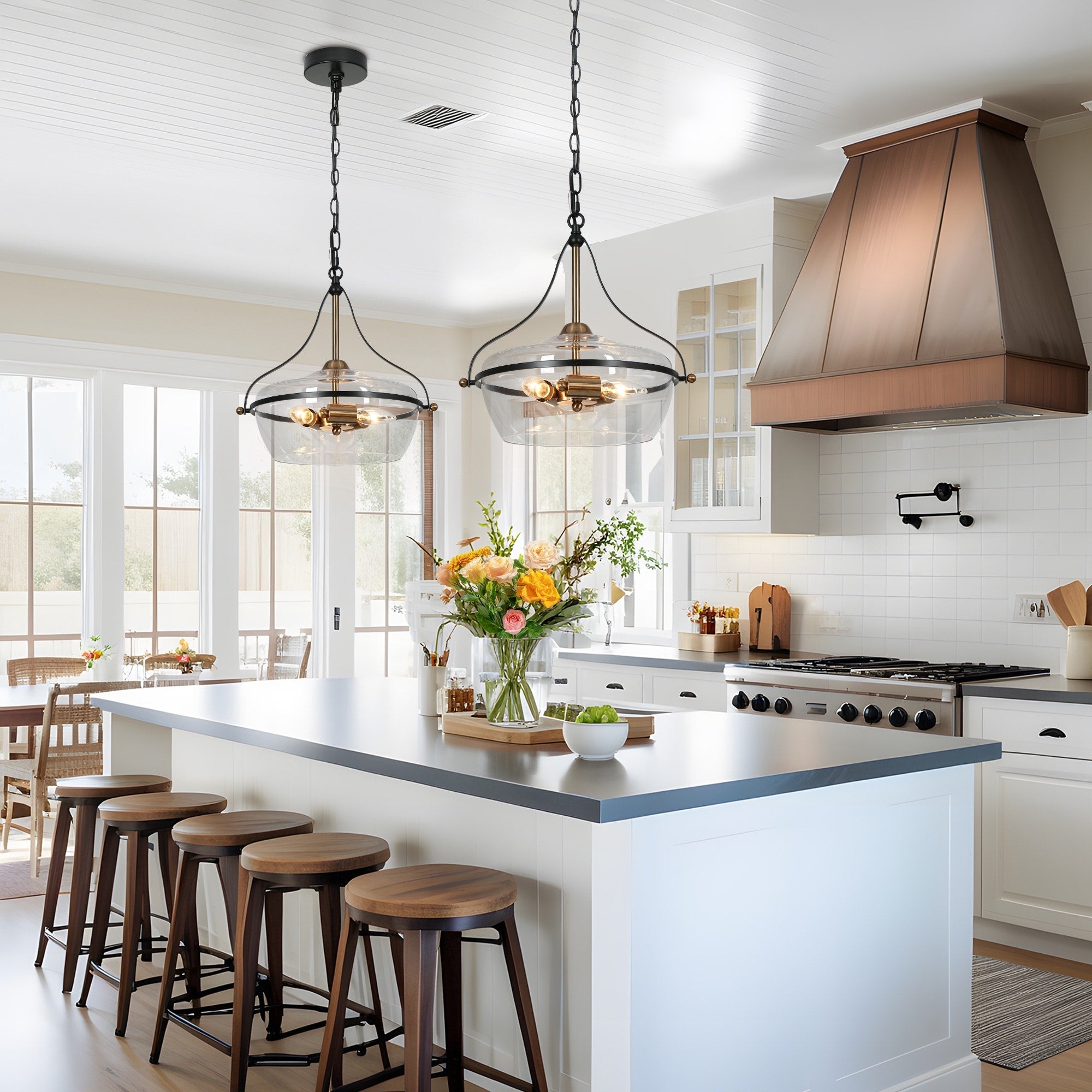 Zelena Modern Farmhouse Black Gold Chandelier 3-Light Glass Pendant Light for Kitchen Island Dining Room