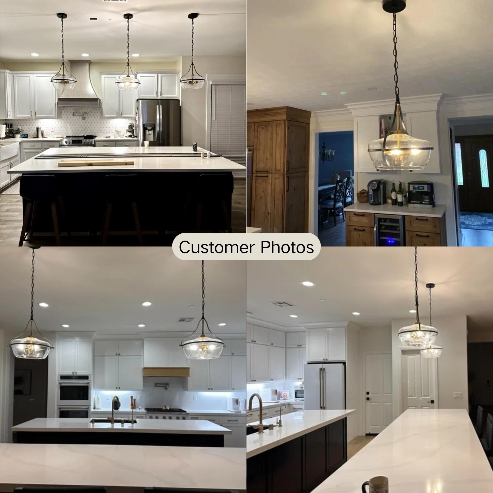 Zelena Modern Farmhouse Black Gold Chandelier 3-Light Glass Pendant Light for Kitchen Island Dining Room