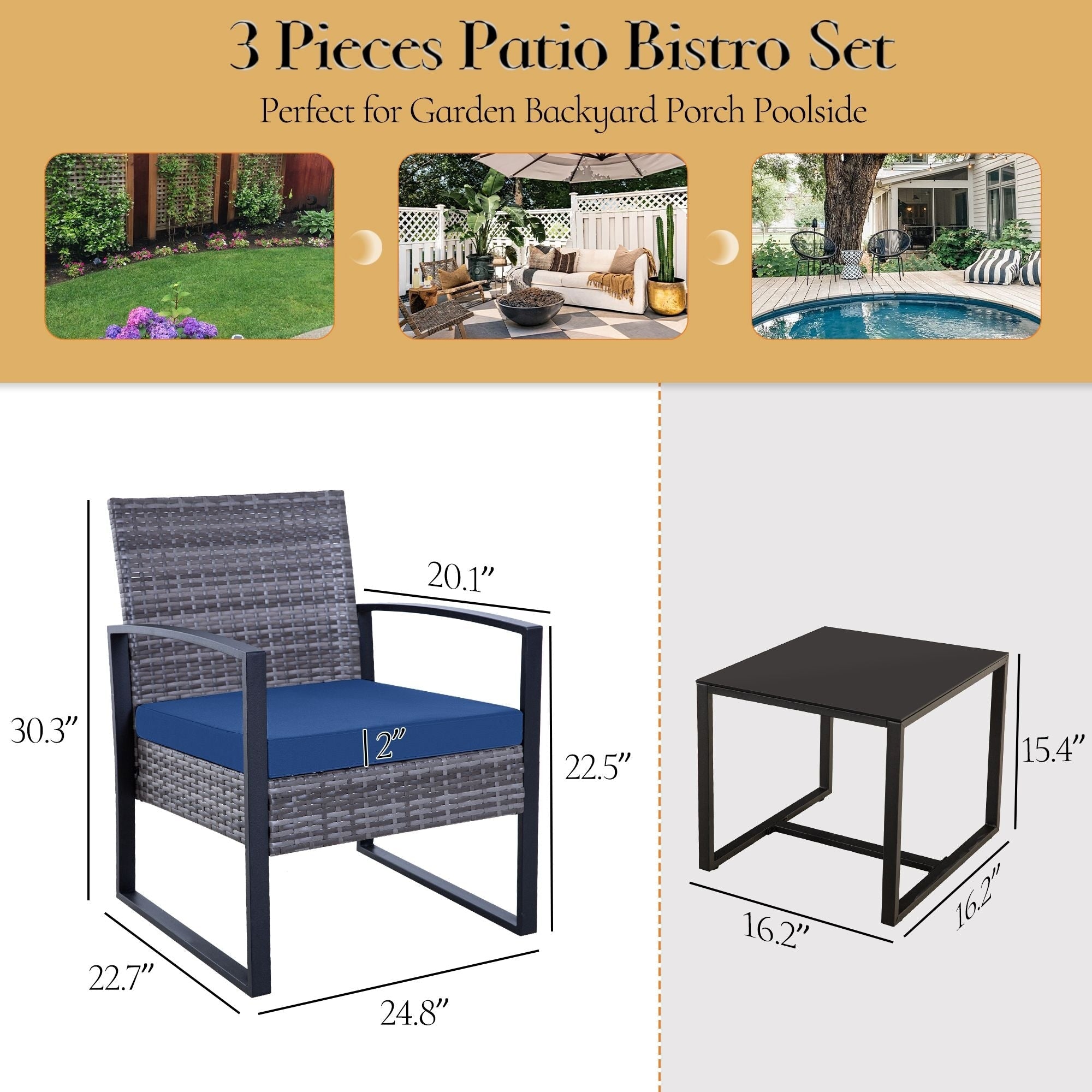 Zenova 3 Piece Outdoor Patio Convensation Set, Wicker Table and Chairs Set of 2, All-Weather Rattan Balcony Furniture Set