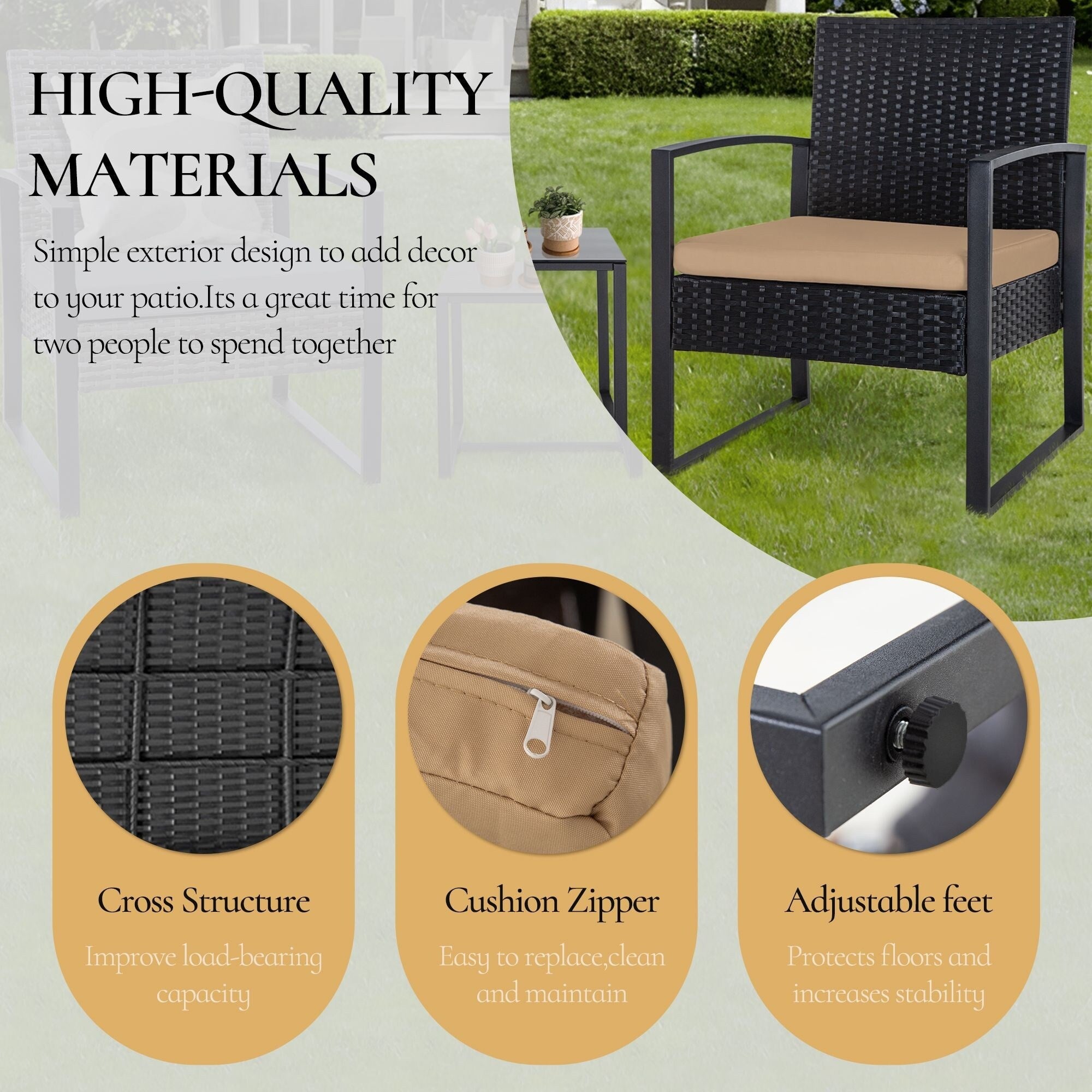 Zenova 3 Piece Outdoor Patio Convensation Set, Wicker Table and Chairs Set of 2, All-Weather Rattan Balcony Furniture Set