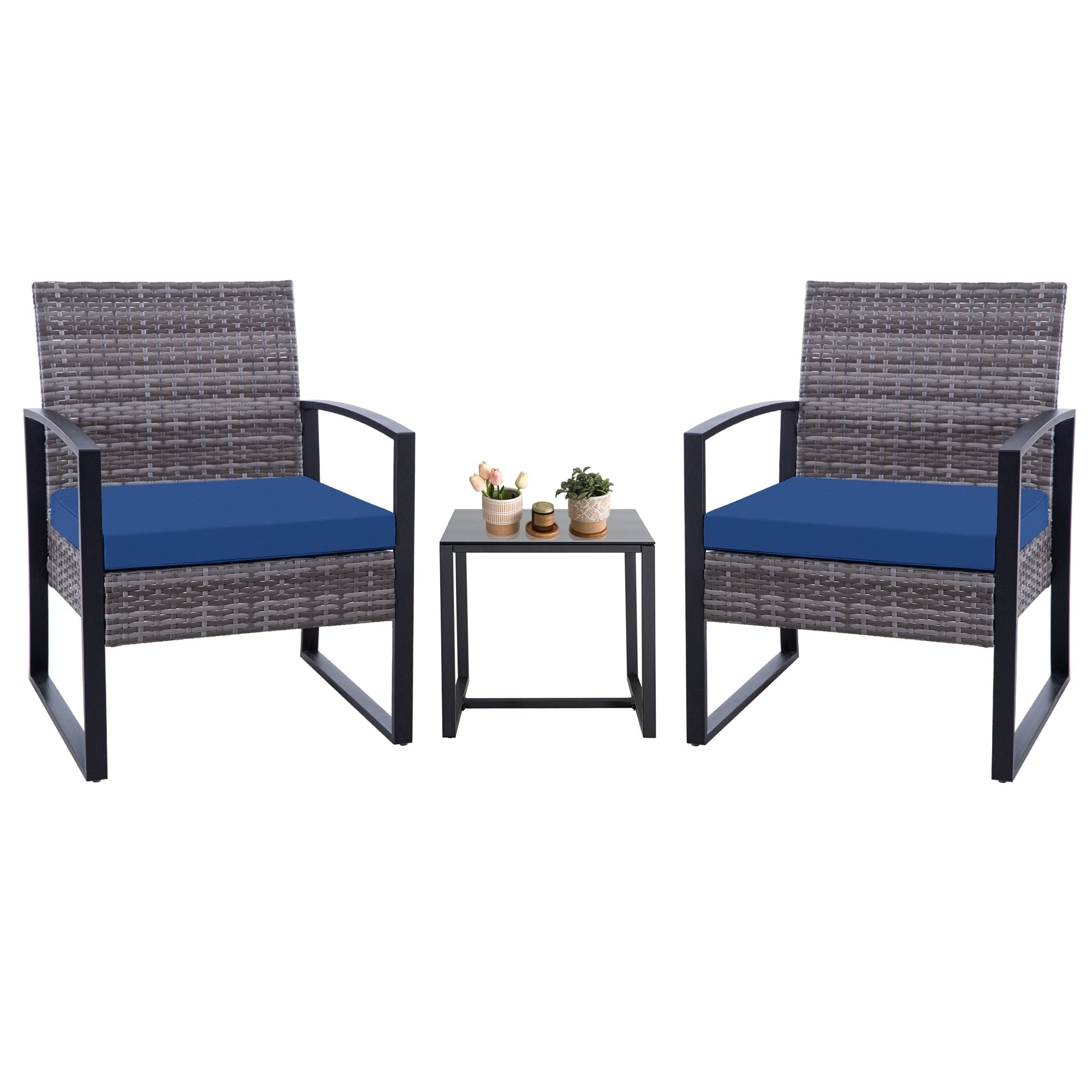 Zenova 3 Piece Outdoor Patio Convensation Set, Wicker Table and Chairs Set of 2, All-Weather Rattan Balcony Furniture Set