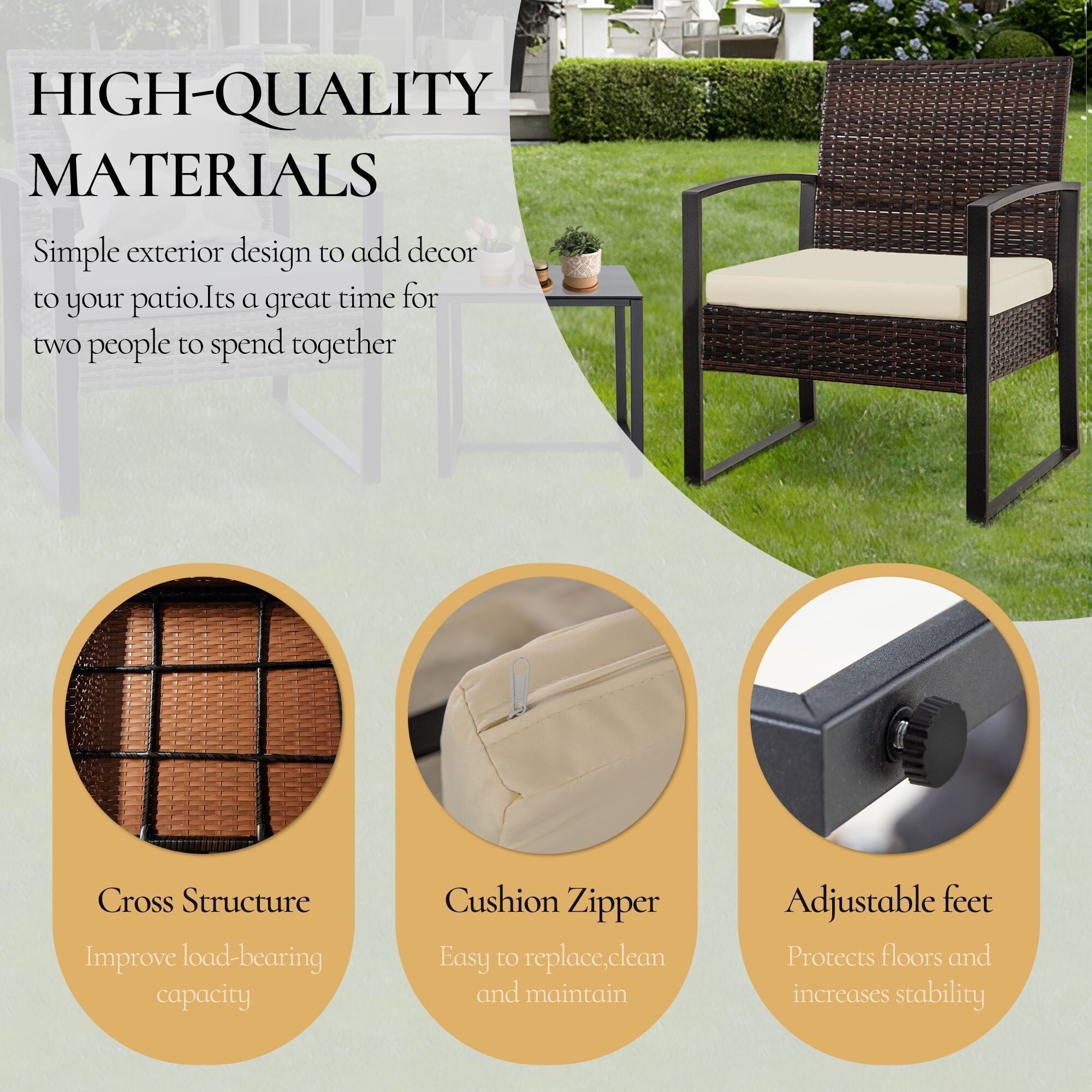 Zenova 3 Piece Outdoor Patio Convensation Set, Wicker Table and Chairs Set of 2, All-Weather Rattan Balcony Furniture Set