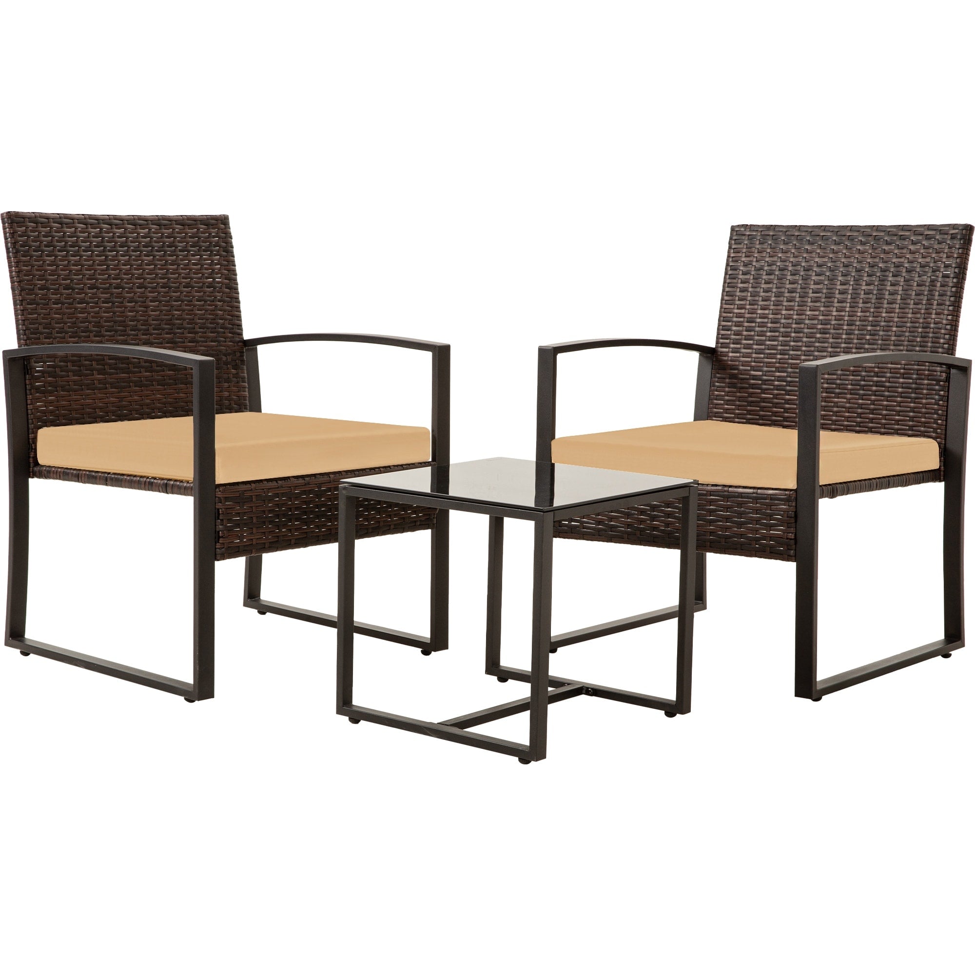 Zenova 3 Piece Outdoor Patio Convensation Set, Wicker Table and Chairs Set of 2, All-Weather Rattan Balcony Furniture Set