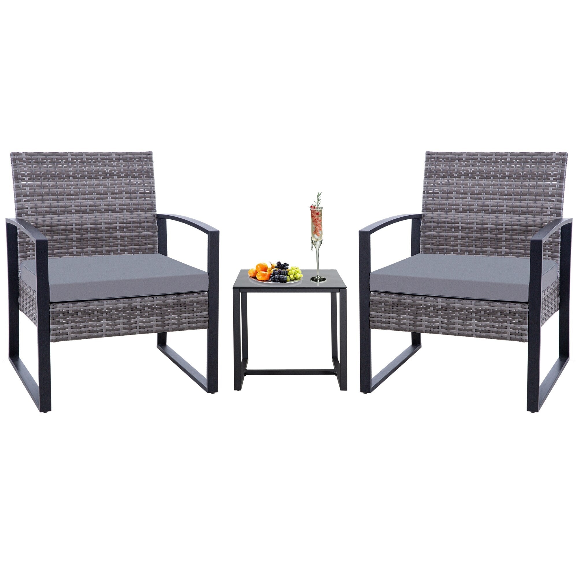 Zenova 3 Piece Outdoor Patio Convensation Set, Wicker Table and Chairs Set of 2, All-Weather Rattan Balcony Furniture Set