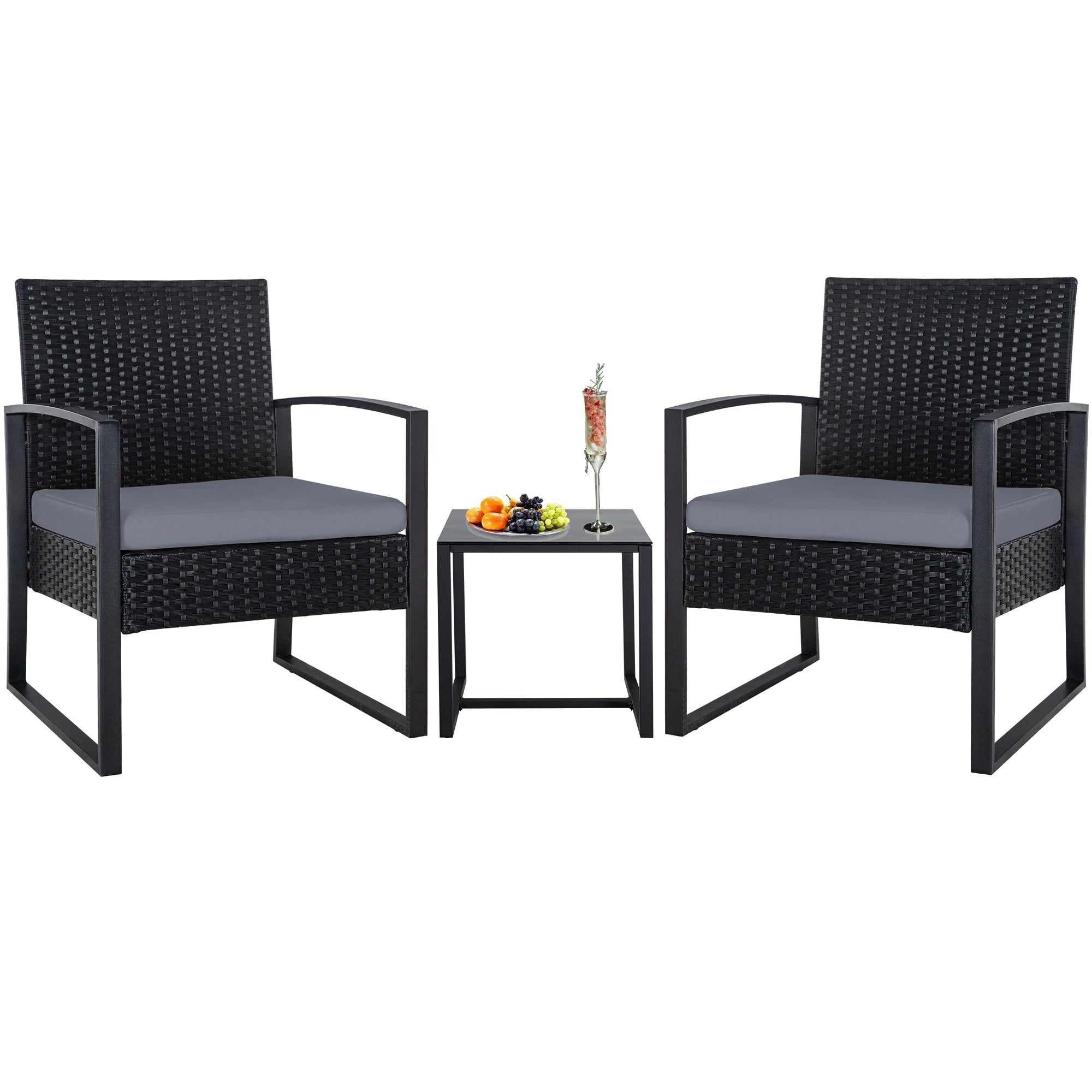Zenova 3 Piece Outdoor Patio Convensation Set, Wicker Table and Chairs Set of 2, All-Weather Rattan Balcony Furniture Set