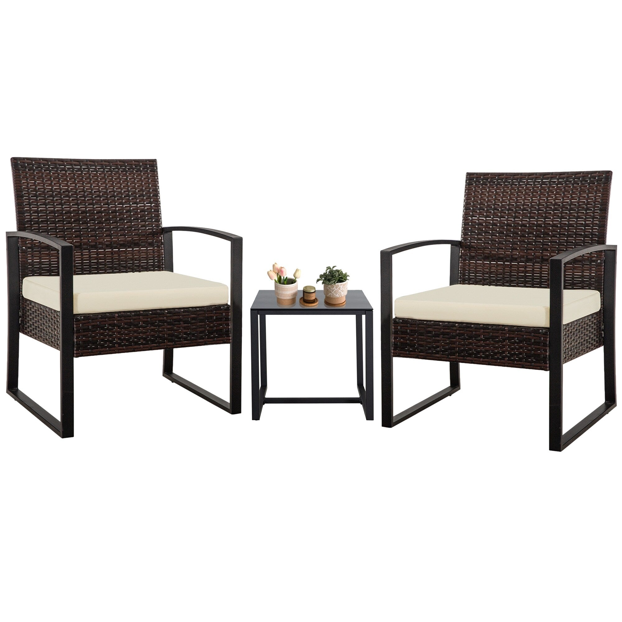 Zenova 3 Piece Outdoor Patio Convensation Set, Wicker Table and Chairs Set of 2, All-Weather Rattan Balcony Furniture Set
