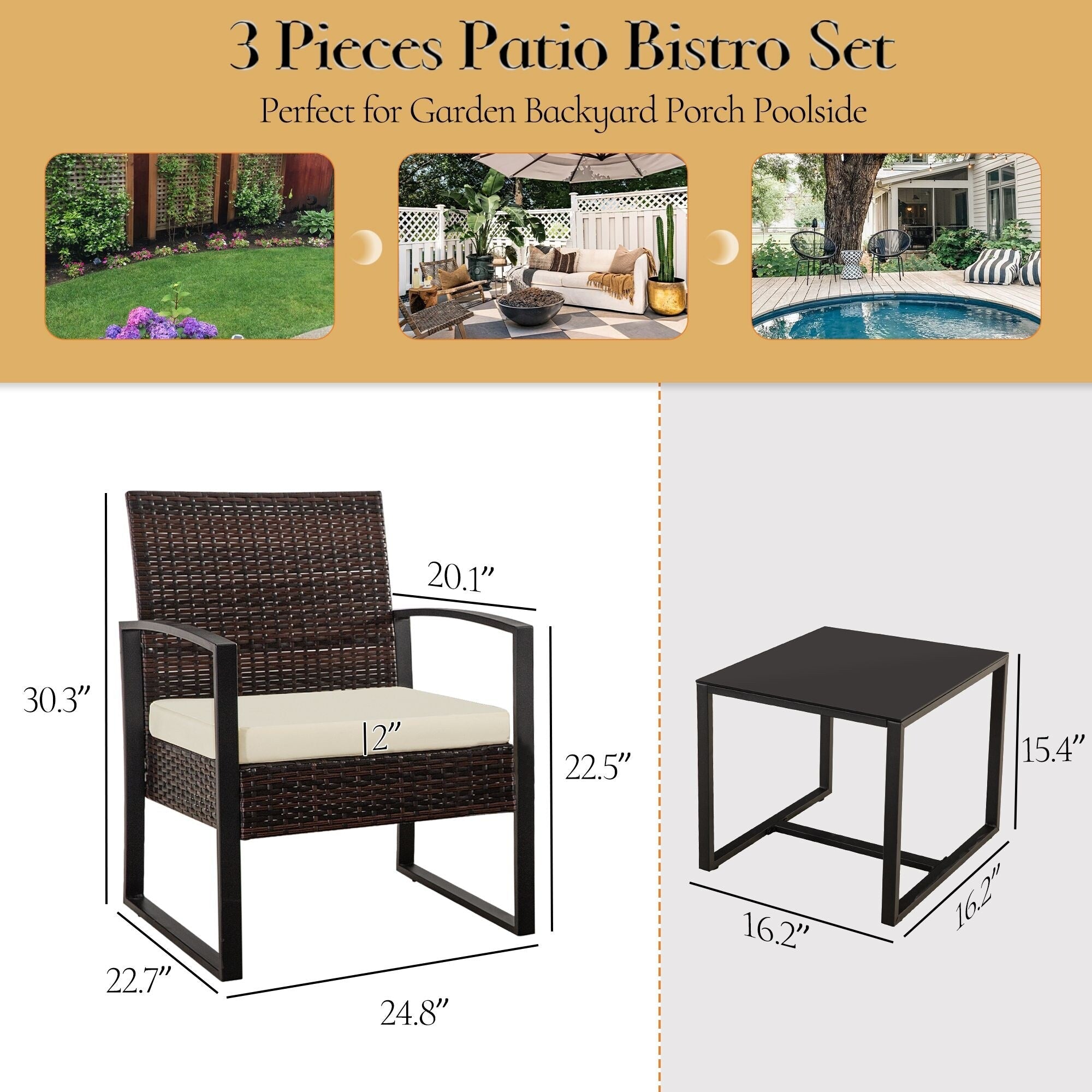 Zenova 3 Piece Outdoor Patio Convensation Set, Wicker Table and Chairs Set of 2, All-Weather Rattan Balcony Furniture Set