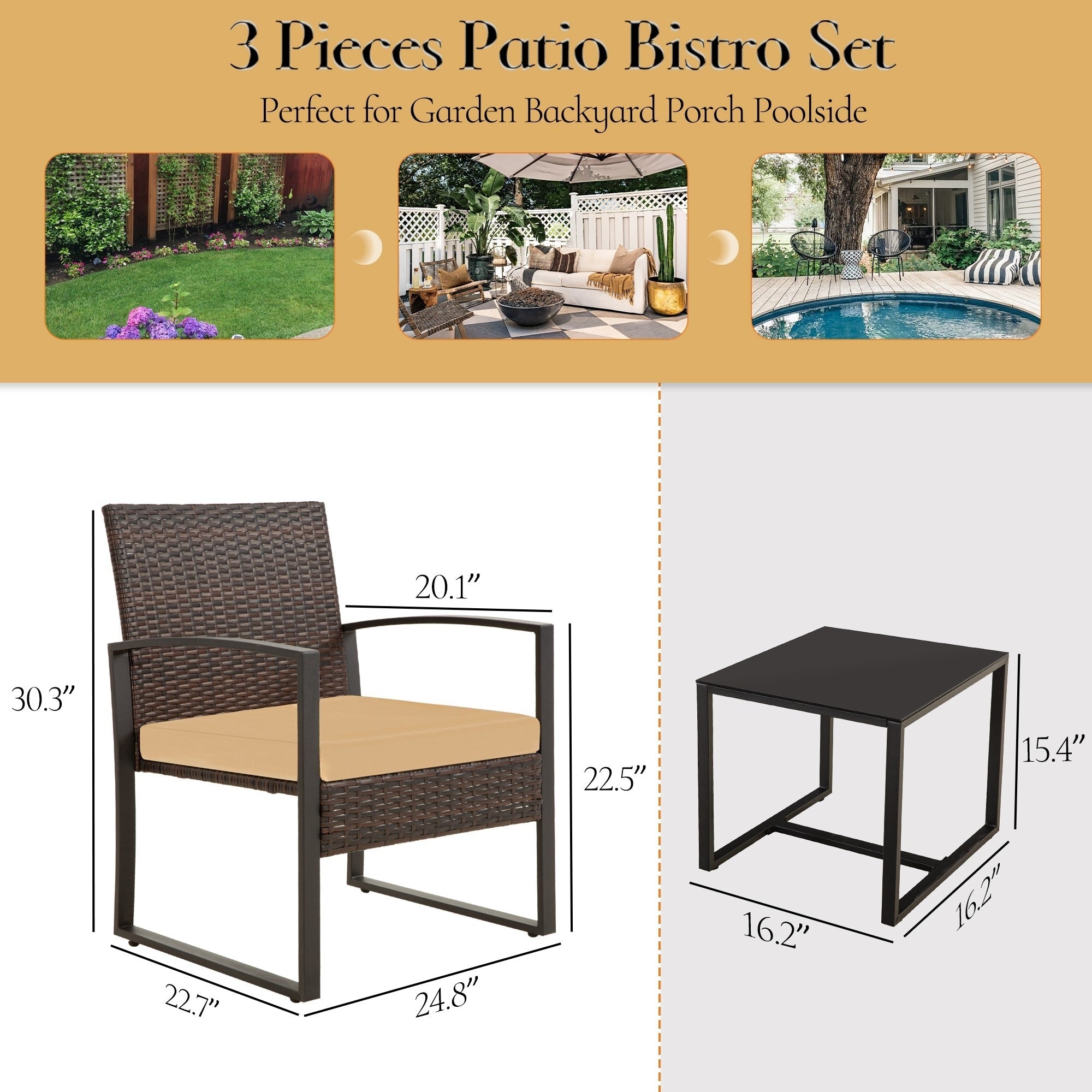 Zenova 3 Piece Outdoor Patio Convensation Set, Wicker Table and Chairs Set of 2, All-Weather Rattan Balcony Furniture Set