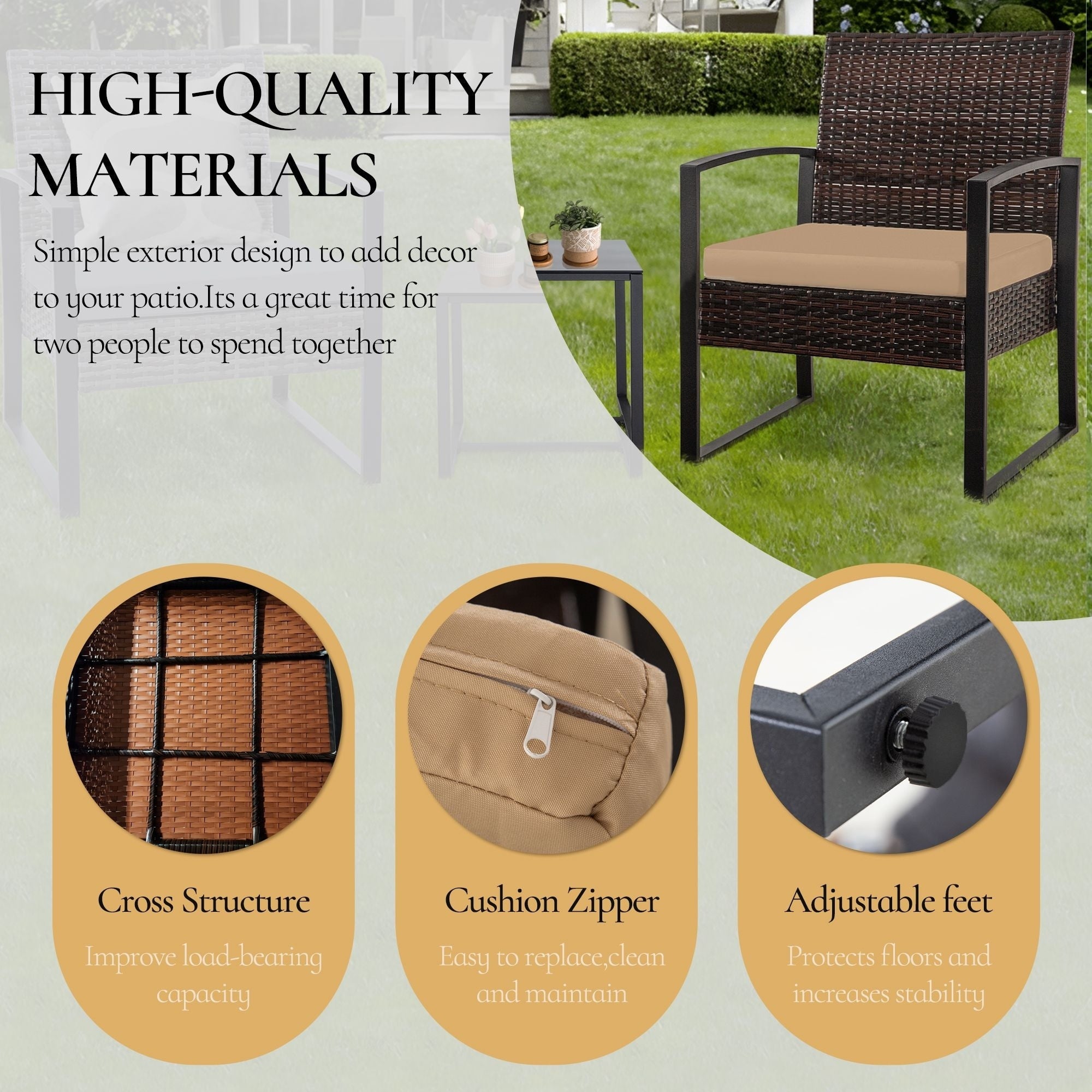 Zenova 3 Piece Outdoor Patio Convensation Set, Wicker Table and Chairs Set of 2, All-Weather Rattan Balcony Furniture Set