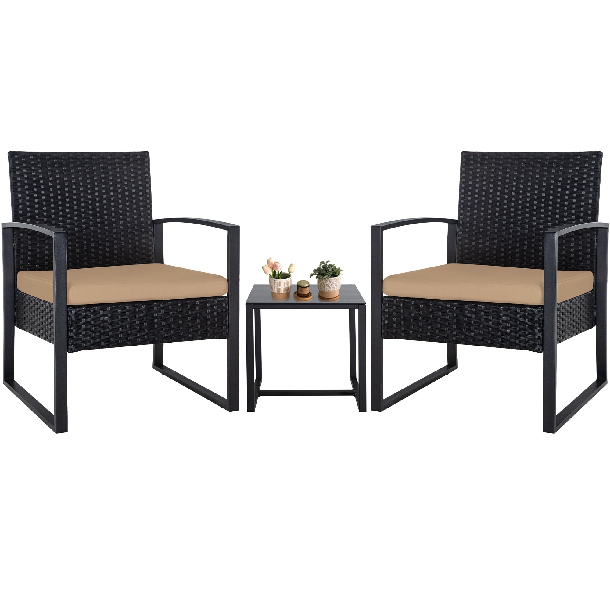 Zenova 3 Piece Outdoor Patio Convensation Set, Wicker Table and Chairs Set of 2, All-Weather Rattan Balcony Furniture Set