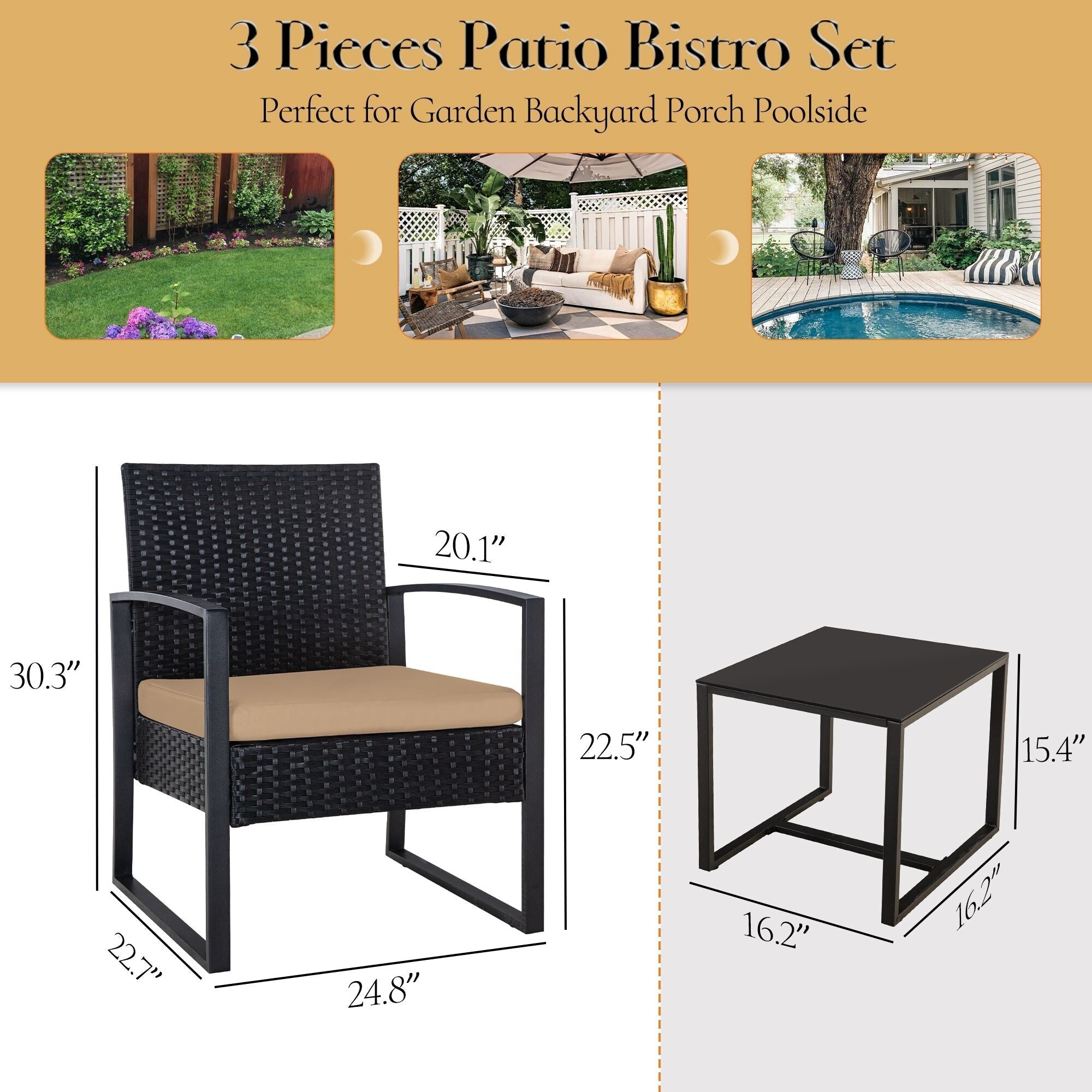 Zenova 3 Piece Outdoor Patio Convensation Set, Wicker Table and Chairs Set of 2, All-Weather Rattan Balcony Furniture Set