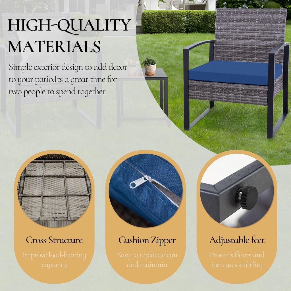 Zenova 3 Piece Outdoor Patio Convensation Set, Wicker Table and Chairs Set of 2, All-Weather Rattan Balcony Furniture Set