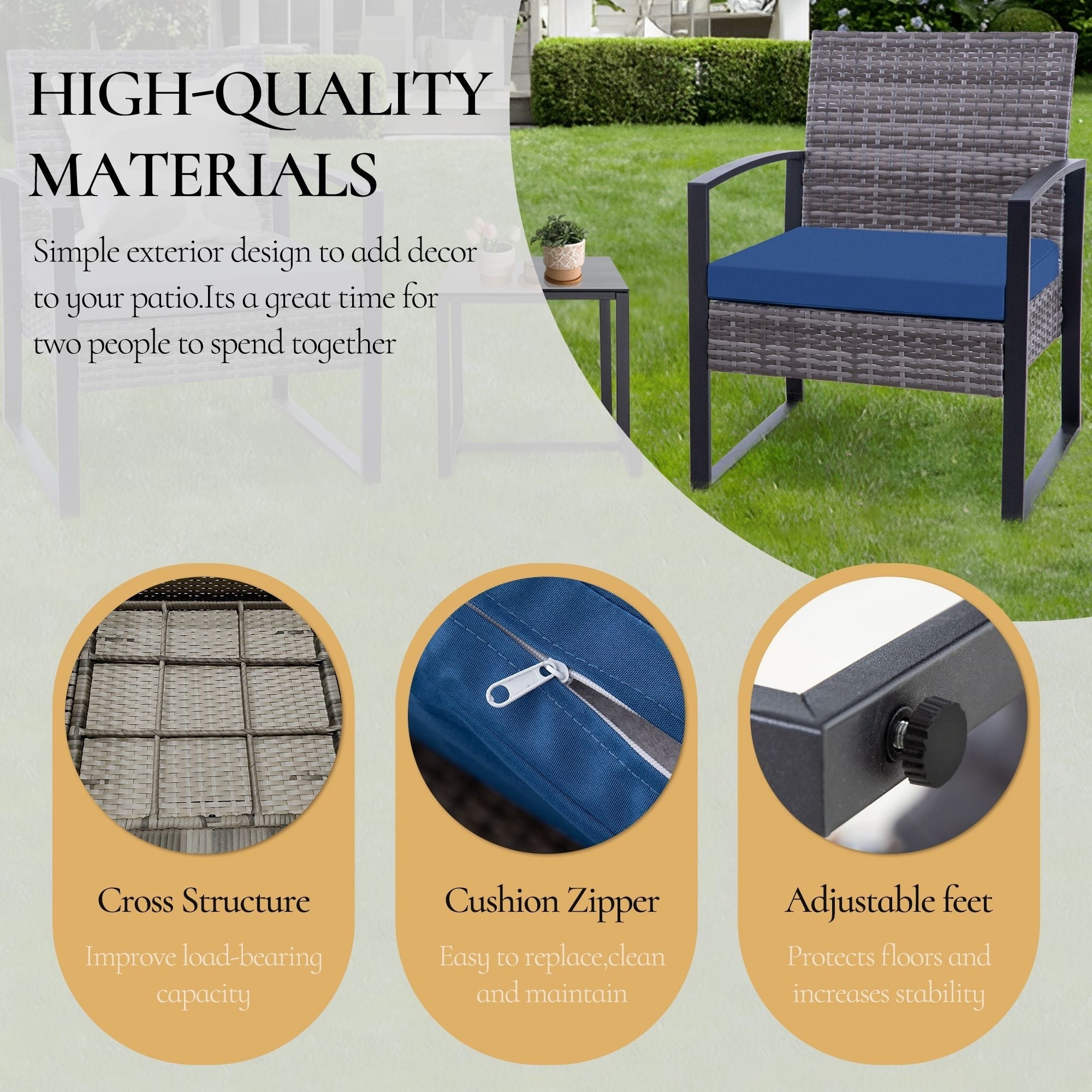 Zenova 3 Piece Outdoor Patio Convensation Set, Wicker Table and Chairs Set of 2, All-Weather Rattan Balcony Furniture Set