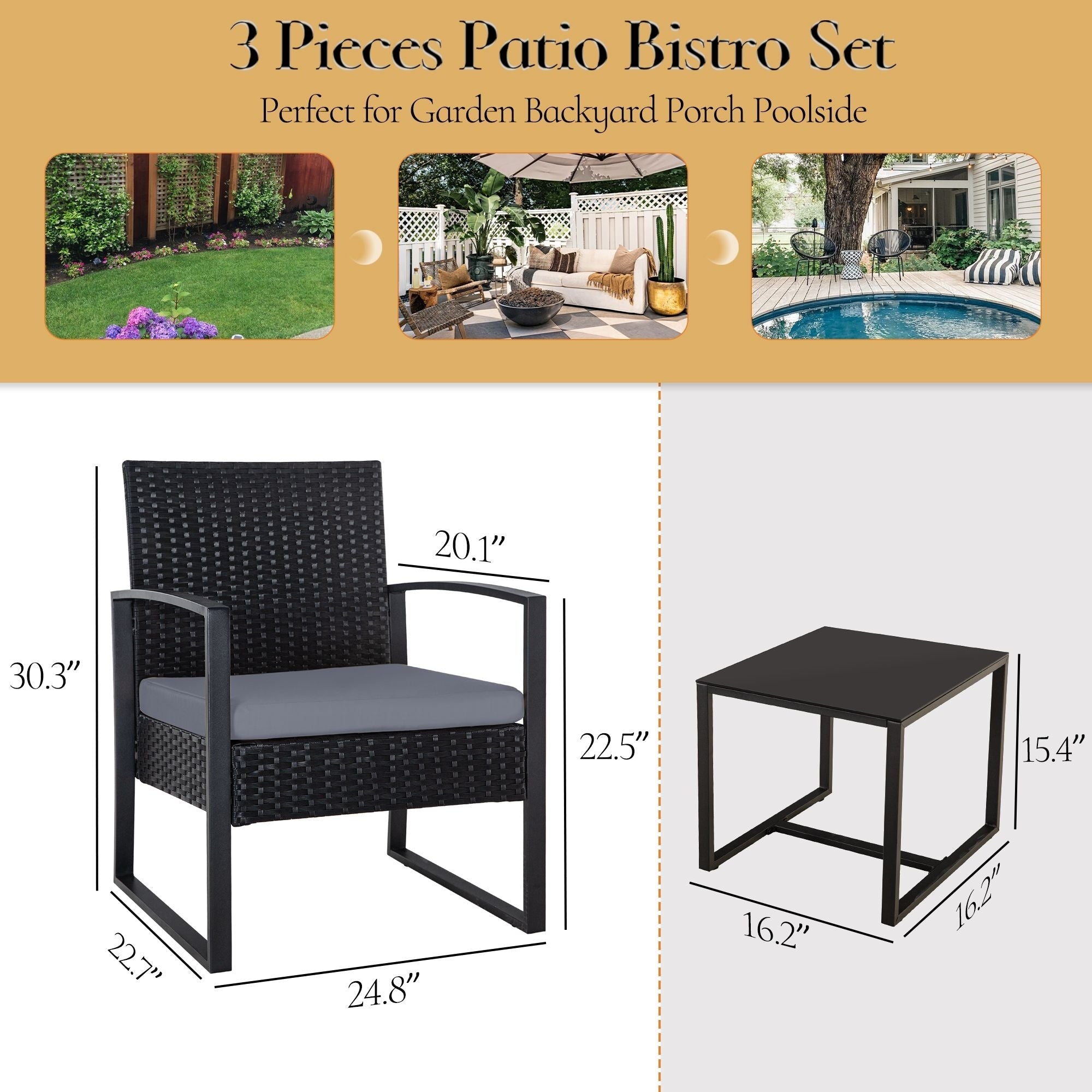 Zenova 3 Piece Outdoor Patio Convensation Set, Wicker Table and Chairs Set of 2, All-Weather Rattan Balcony Furniture Set