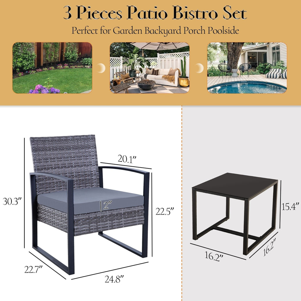 Zenova 3 Piece Outdoor Patio Convensation Set, Wicker Table and Chairs Set of 2, All-Weather Rattan Balcony Furniture Set