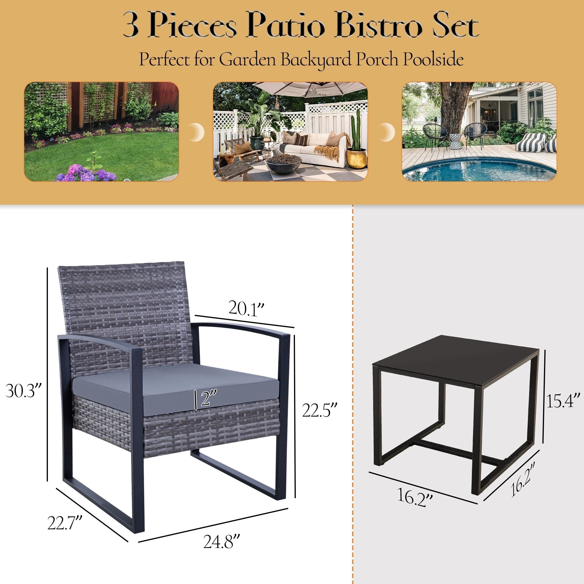 Zenova 3 Piece Outdoor Patio Convensation Set, Wicker Table and Chairs Set of 2, All-Weather Rattan Balcony Furniture Set